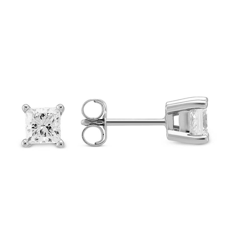 Princess Diamond Stud Earrings in White Gold, 0.75 cttw